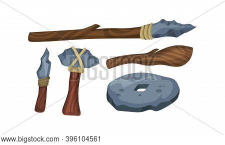 Stone Age Hunting Weapons With Stick And Spear Vector Set