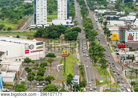 Campo Grande - Ms, Brazil - November 12, 2020: Aerial View Of The Afonso Pena Avenue In Front Of The