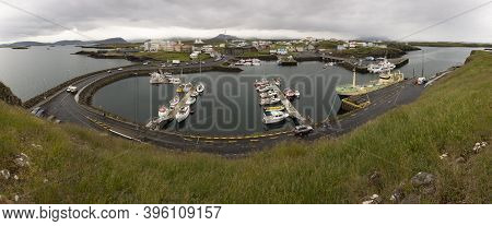 Stykkisholmur, Iceland - July 9, 2014: Panorama Of Stykkisholmur City In North-west Iceland With A H