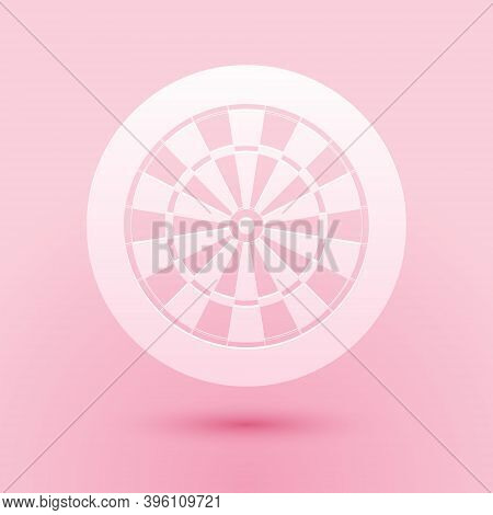 Paper Cut Classic Darts Board With Twenty Black And White Sectors Icon Isolated On Pink Background. 