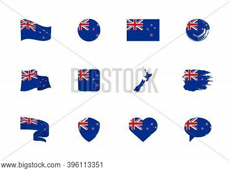 New Zealand Flag - Flat Collection. Flags Of Different Shaped Twelve Flat Icons.