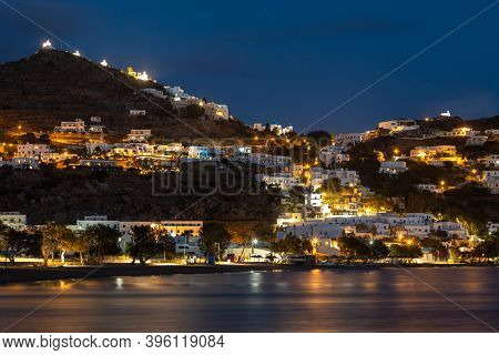 Chora, Ios Island, Greece- 19 September 2020: View Of The Chora, Old Town At Night. Small Chapels On