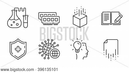 Recovery File, Medical Shield And Ram Line Icons Set. Chemistry Lab, Feedback And Idea Signs. Corona