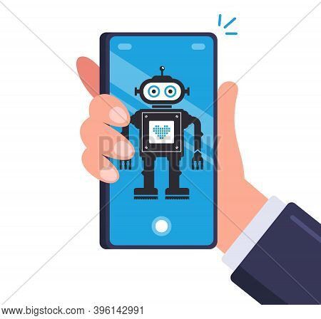 Smart Robot In Men Smartphone. Android On A Mobile Device. Flat Vector Illustration.