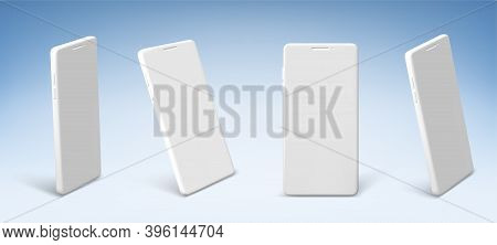 White Mobile Phone In Front And Perspective View. Vector Realistic Clay Mockup Of Modern Smartphone 