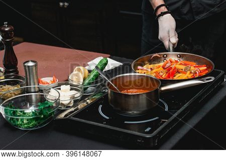 Chef Making Healthy Fresh Fajitas Or Fajitos With Beef. Easy, But Tasty, Healthy. National Mexican F
