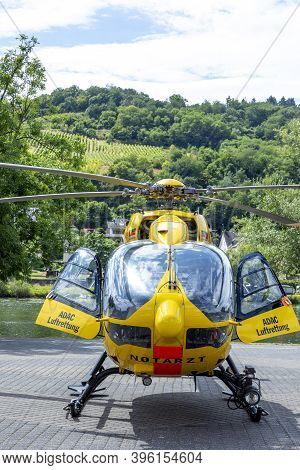 Zell, Germany - July 25, 2020:  Rescue Operation, German Rescue Helicopter, Adac, Christoph 77, On T