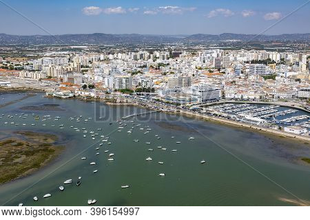 Faro, Portugal - August13, 2020: Aerial Of Town Of Faro With Harbor, Portugal
