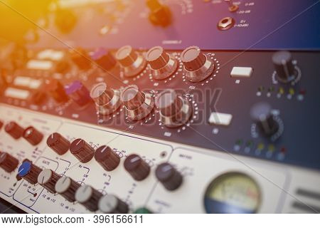 Music On Sound Mixer In Recording Studio.