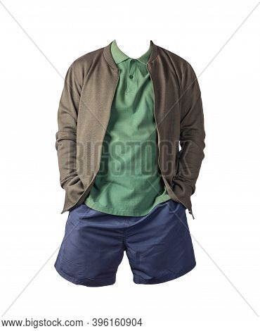 Mens Dark Green Knitten Bomber Jacket, Dark Green Polo Shirt And Dark Blue Sports Shorts Isolated On