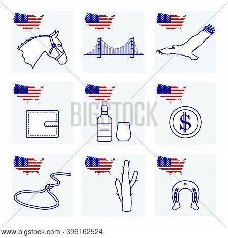 Vector Illustration Usa Set American National Symbols Eagle, Cactus, Whiskey, Bridge, Purse, Dollar 