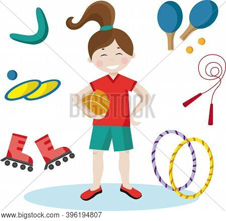 Cartoon Set Girl With Sports Equipment Vector Image For Your Design