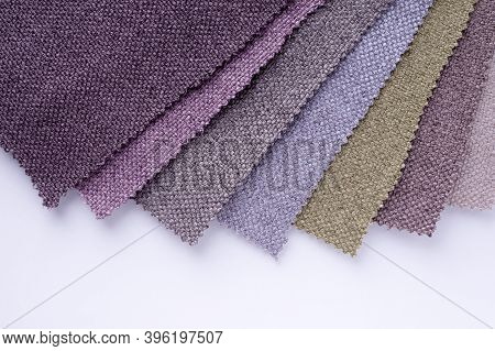 Bright Collection Of Gunny Textile Samples. Multicolor Fabric Texture Background.