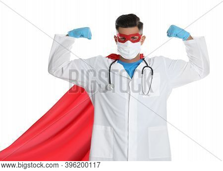 Doctor Wearing Face Mask And Cape On White Background. Super Hero Power For Medicine