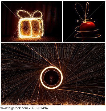 Collage Of Three Images Of Light Painting, Including A Bale Of Hay, And Apple, And A Bicycle Wheel W