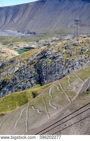 Ski Lift Near Winter And Summer Sport Station Les Deux Alpes And View On Alpine Mountains Peaks In S
