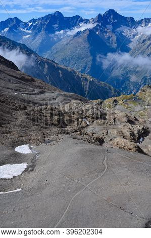 Hiking Near Ski Station Les Deux Alpes And View On Alpine Mountains Peaks In Summer, Isere, France