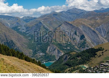 Hiking Near Ski Station Les Deux Alpes And View On Alpine Mountains Peaks In Summer, Isere, France