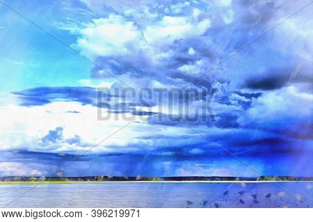 Beautiful Landscape With Lake Colorful Painting Looks Like Picture.