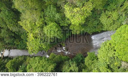 Aerial Drone View Of Labuhan Kebo Waterfall Located In Munduk, Bali
