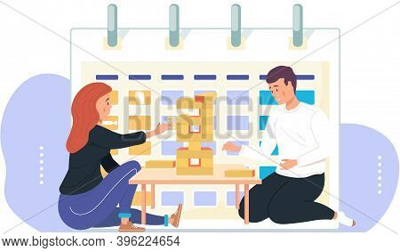 Couple Plays At Table Jenga Tower. Wooden Sticks, Whetstones. Development Of Attention And Persevera