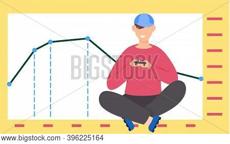 Guy With Gamepad In His Hands Sits Near A Bar Graph. Office Work Management. Data Analysis. Falling 