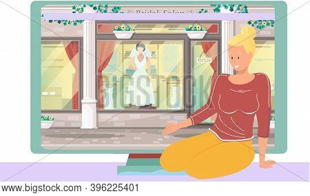 Wedding Dress Shop, Woman Bride. Girl Leads A Women S Blog, Sitting Near Monitor With Bridal Salon S