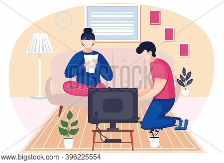 Family Husband And Wife Talking Sitting Together In The Room. Home Livingroom With Couch And Televis