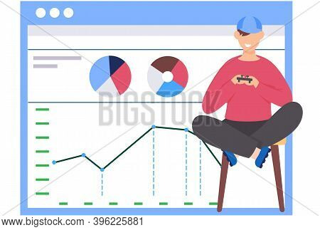 Guy With Gamepad In His Hands. Office Work Management. Data Analysis Concept. Poster With Calculatio