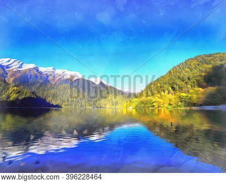 Beautiful Mountain Landscape With Lake Ritsa Looks Like A Picture, Caucasus Mountains.