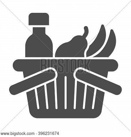 Basket With Bottle And Fruits Solid Icon, Black Friday Concept, Shop Basket Sign On White Background