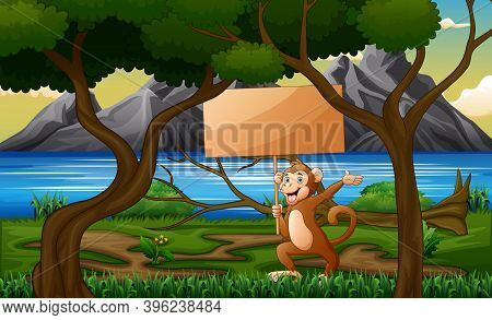 Cartoon Monkey Holding Wooden Sign At The Forest