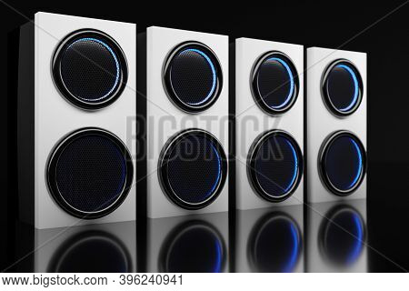3d Illustration Row Of Music Speakers With Subwoofer On  Black   Isolated Background. Speaker Audio 