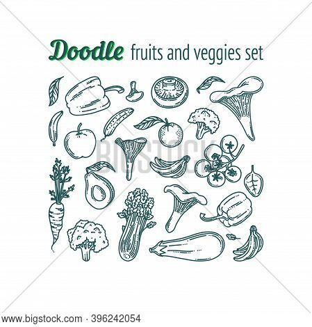 Fruits And Vegetables Doodle Set. Food Collection With Avocado, Mushrooms, Eggplant, Carrot, Apple, 