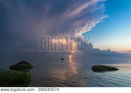 Beautiful Scene With Stormfront And Lightning Summer Seascape.