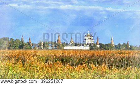 Beautiful Landscape With Joseph-volokolamsk Monastery Colorful Painting Looks Like Picture, Russia.