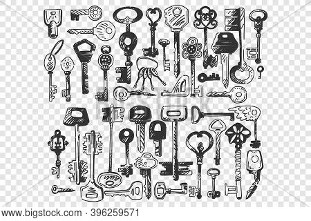Keys Doodle Set. Collection Of Different Shape Small Key For Opening Door Locks Isolated On Transpar