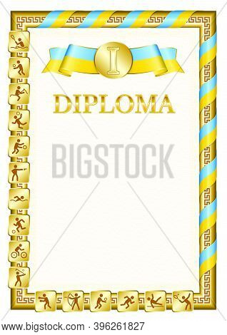 Vertical Diploma For First Place In A Sports Competition, Golden Color With A Ribbon The Color Of Th