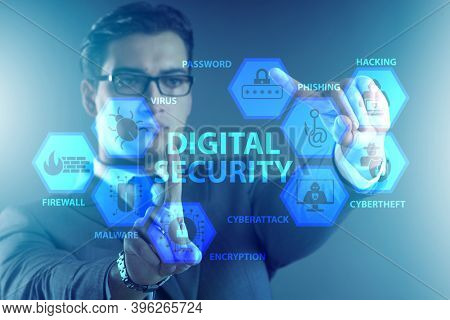 Digital security concept with businessman pressing button