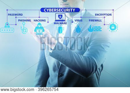 Cybersecurity concept with businessman pressing button
