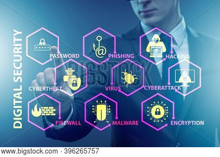Digital security concept with businessman pressing button