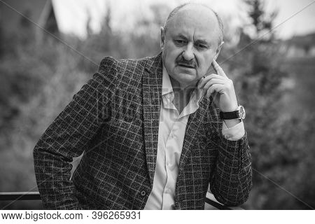 Senior Man In Grief And Sorrow. The Concept Of A Depressed Older Man, The Non-acceptance Of Oneself 