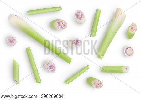 Fresh Lemongrass Isolated On White Background With Clipping Path. Top View. Flat Lay