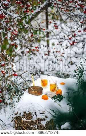 Mulled Wine With Sea Buckthorn And Mandrins In The Winter Garden Selective Focus