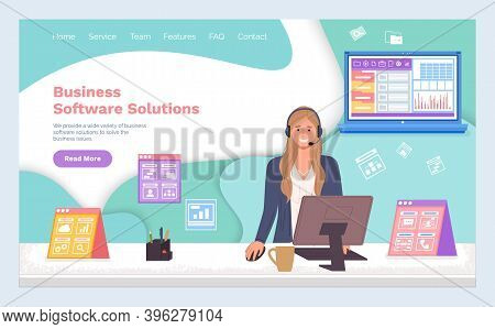 Landing Page Of Website. Business Software Solutions. Woman Operator With Headset Using Computer. La