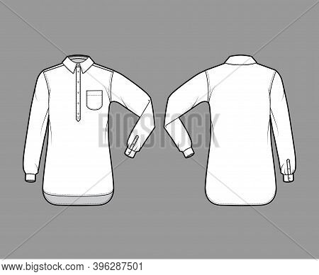 Shirt Pullover Technical Fashion Illustration With Rounded Pocket, Elbow Fold Long Sleeve, Oversized