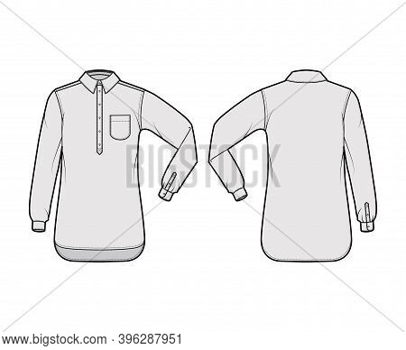 Shirt Pullover Technical Fashion Illustration With Rounded Pocket, Elbow Fold Long Sleeve, Oversized