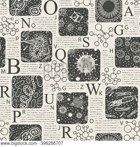 Vector Seamless Pattern On The Theme Of Medicine, Biosciences, Biology. Black And White Background I