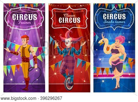 Big Top Circus Performers, Entertainers Posters Or Banners. Animal Trainer With Whip, Clown With Biz
