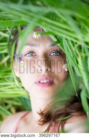 Beautiful Girl Lies On Green Wheat Field With Wild Flowers On Her Face Looking At Camera. Search For